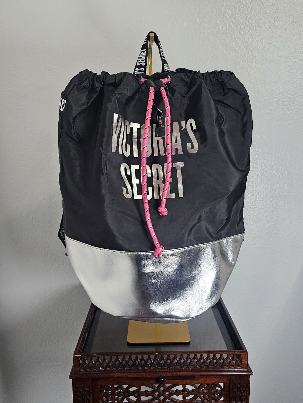 Victoria's Secret Black Nylon Pink Cord Backpack Silver Base - Sz 15.5x15.5x10